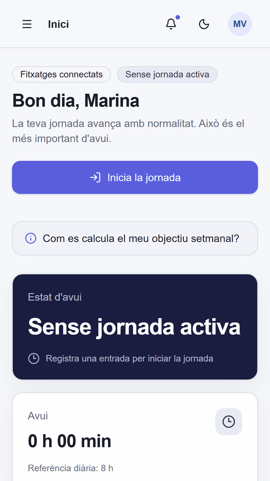 Pantalla de fitxatge de Registria en un mòbil